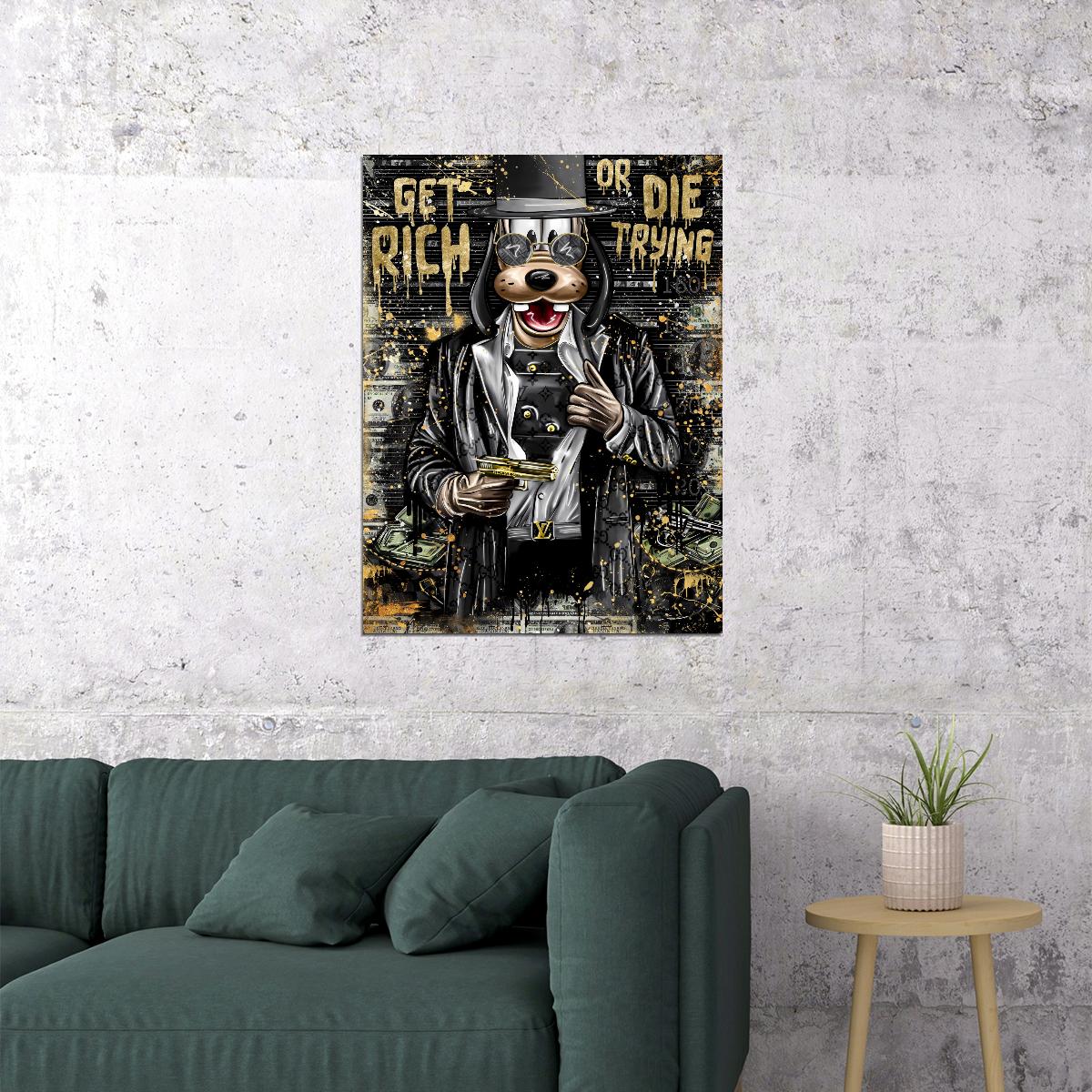 Get Rich or Die Trying Graffiti Art Poster Bold Urban Wall Decor Cartoon Pop Art Money and Ambition Style Wall Print