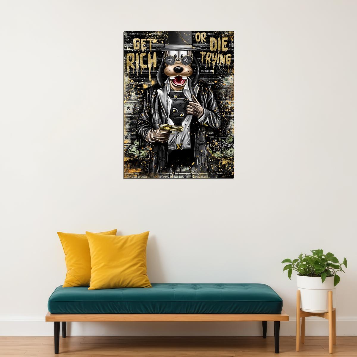 Get Rich or Die Trying Graffiti Art Poster Bold Urban Wall Decor Cartoon Pop Art Money and Ambition Style Wall Print