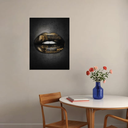 Gold Money Lips Art Poster Luxury Wall Decor Bold Artistic Design Modern Pop Art Style Wall Print