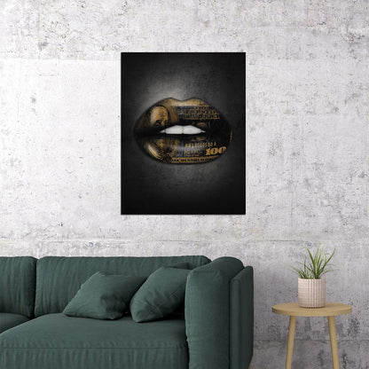 Gold Money Lips Art Poster Luxury Wall Decor Bold Artistic Design Modern Pop Art Style Wall Print