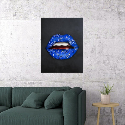 Blue Bandana Lips Art Poster Bold Modern Wall Decor Pop Art Style Unique Artistic Design Wall Print