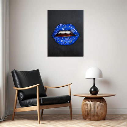 Blue Bandana Lips Art Poster Bold Modern Wall Decor Pop Art Style Unique Artistic Design Wall Print