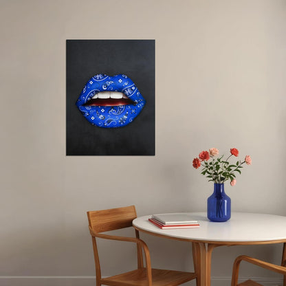 Blue Bandana Lips Art Poster Bold Modern Wall Decor Pop Art Style Unique Artistic Design Wall Print