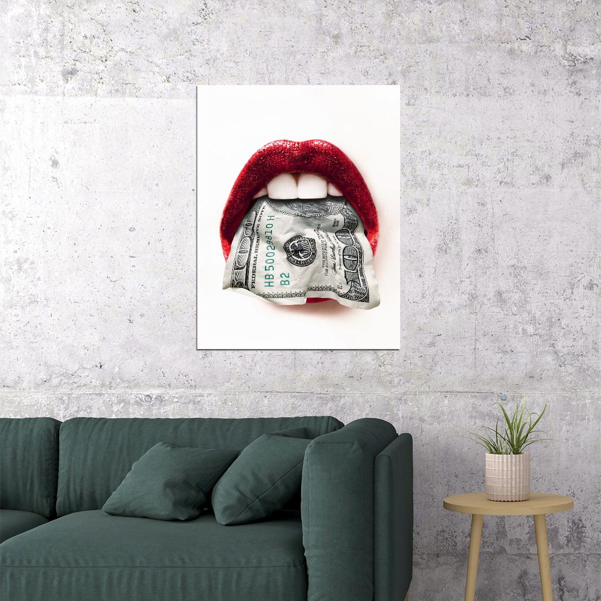 Money Lips Art Poster Red and White Design Wall Decor Bold Artistic Pop Art Style Modern Wall Print