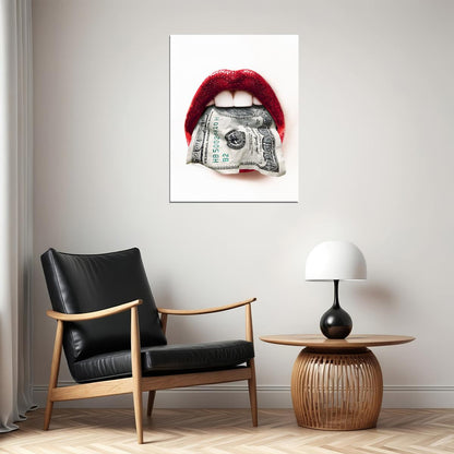 Money Lips Art Poster Red and White Design Wall Decor Bold Artistic Pop Art Style Modern Wall Print