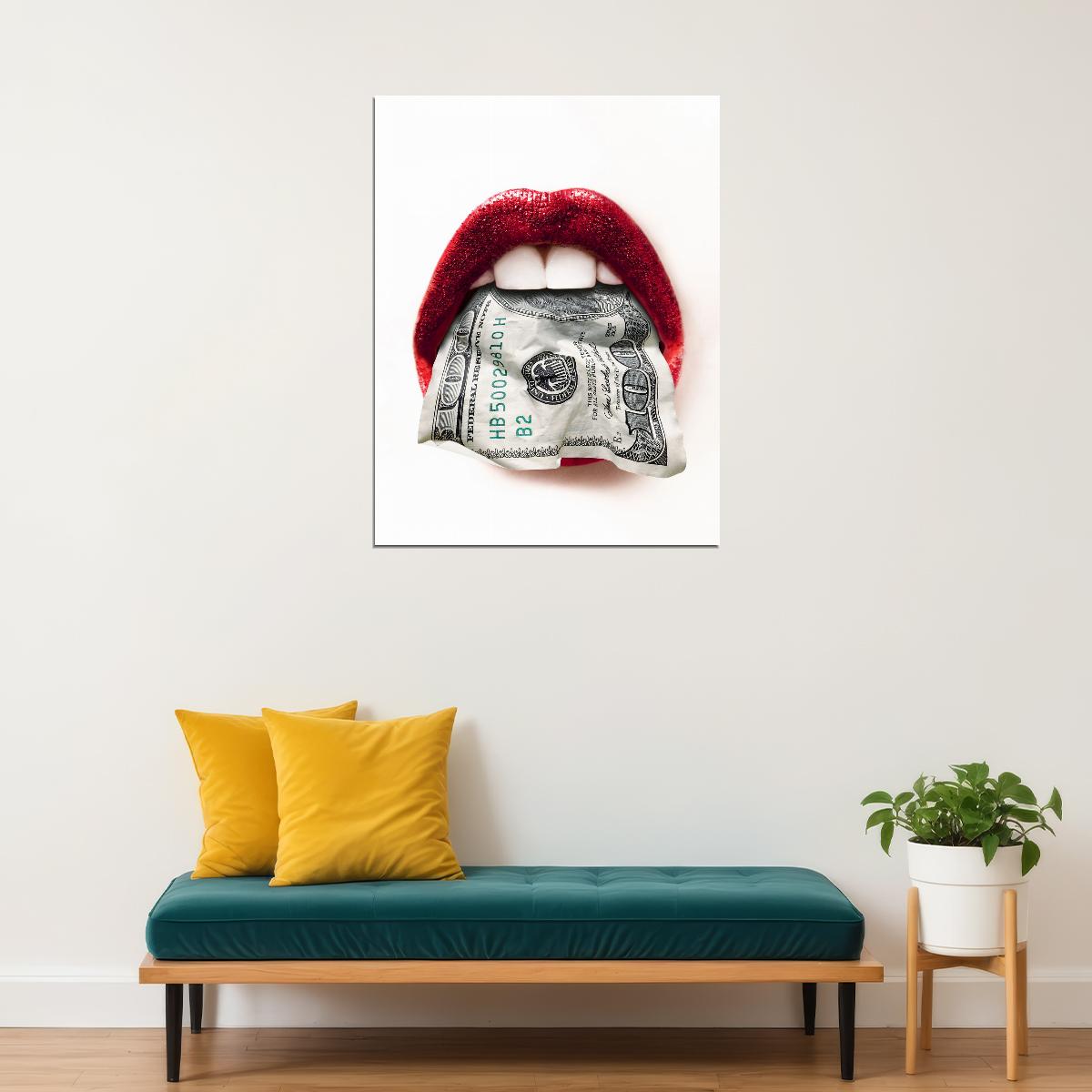 Money Lips Art Poster Red and White Design Wall Decor Bold Artistic Pop Art Style Modern Wall Print