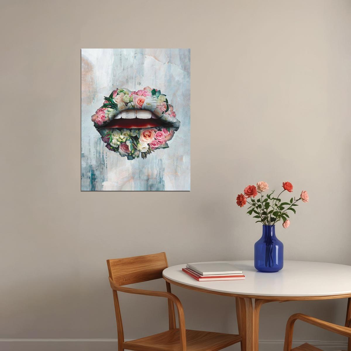 Rose Lips Art Poster Floral Artistic Wall Decor Bold Modern Pop Art Style Unique Wall Print