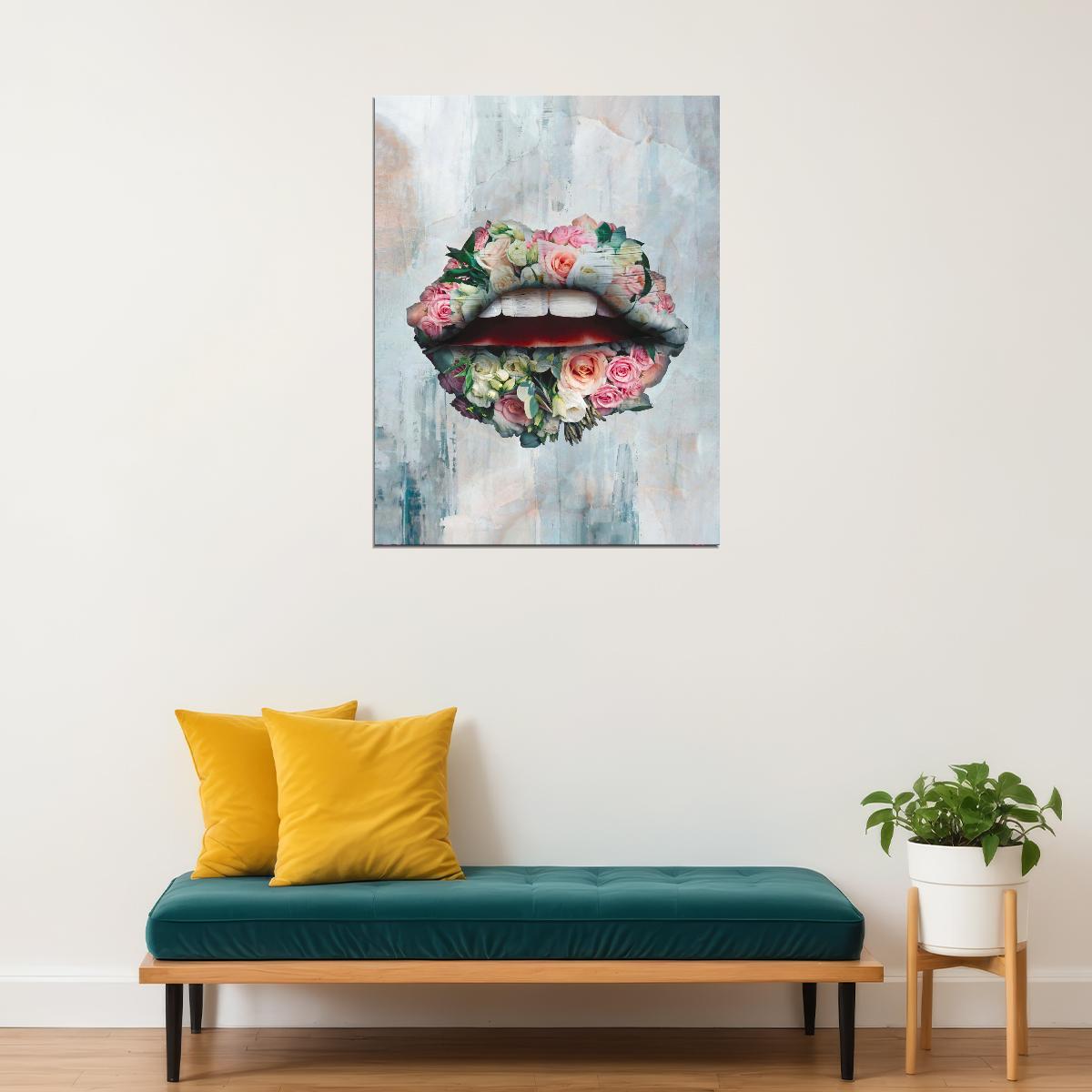 Rose Lips Art Poster Floral Artistic Wall Decor Bold Modern Pop Art Style Unique Wall Print