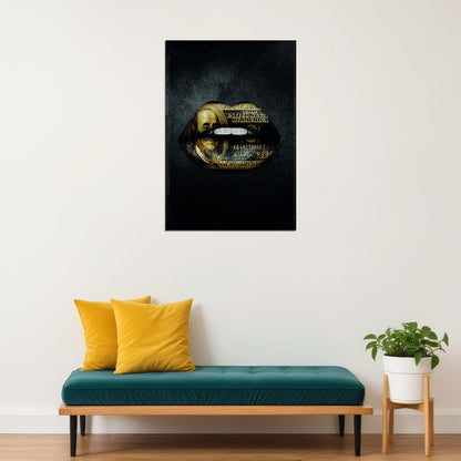 Money Lips Art Poster Black and Gold Design Wall Decor Bold Artistic Pop Art Style Modern Wall Print