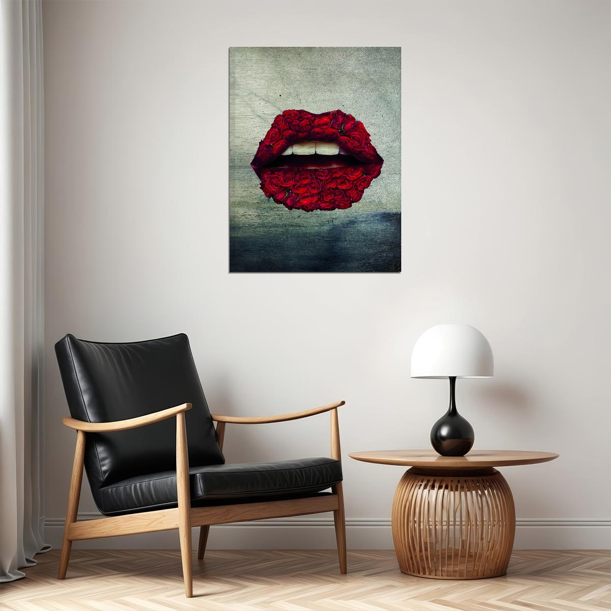 Red Rose Lips Art Poster Floral Artistic Design Wall Decor Modern Pop Art Style Bold Wall Print