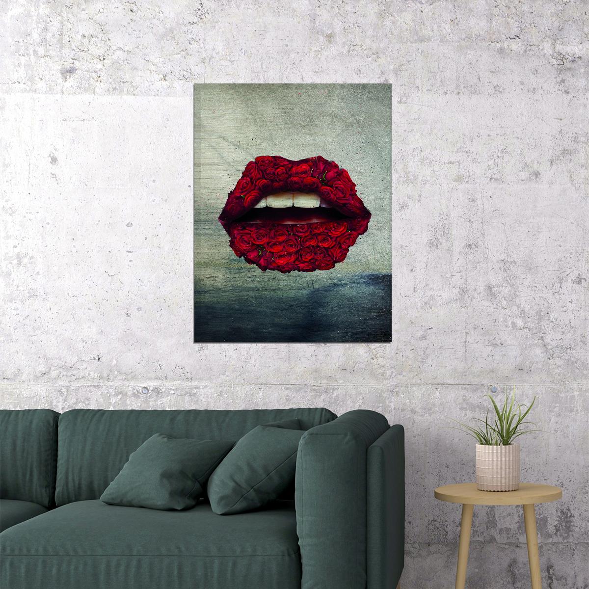 Red Rose Lips Art Poster Floral Artistic Design Wall Decor Modern Pop Art Style Bold Wall Print