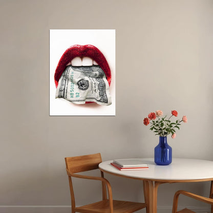 Money Lips Art Poster Red and White Design Wall Decor Bold Artistic Modern Pop Art Style Wall Print