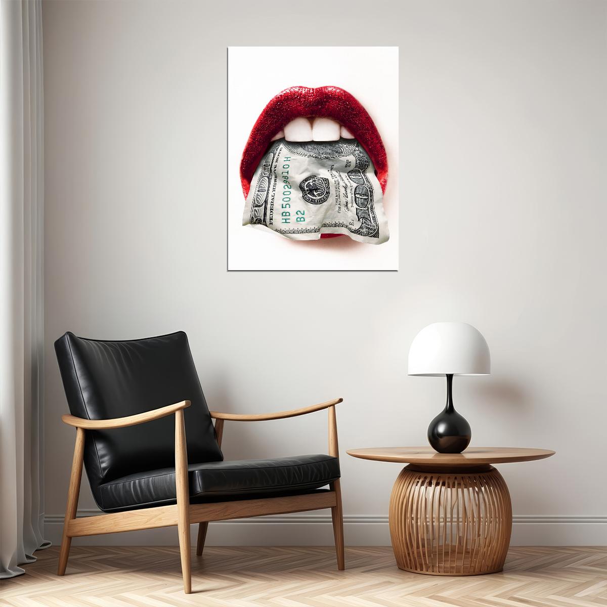 Money Lips Art Poster Red and White Design Wall Decor Bold Artistic Modern Pop Art Style Wall Print