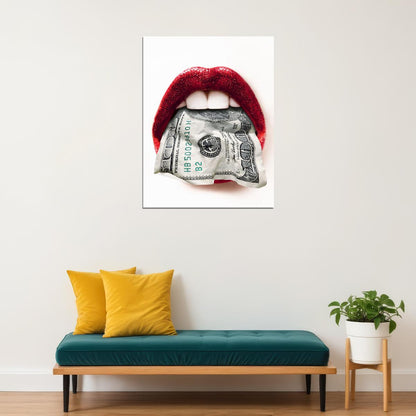 Money Lips Art Poster Red and White Design Wall Decor Bold Artistic Modern Pop Art Style Wall Print