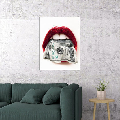 Money Lips Art Poster Red and White Design Wall Decor Bold Artistic Modern Pop Art Style Wall Print