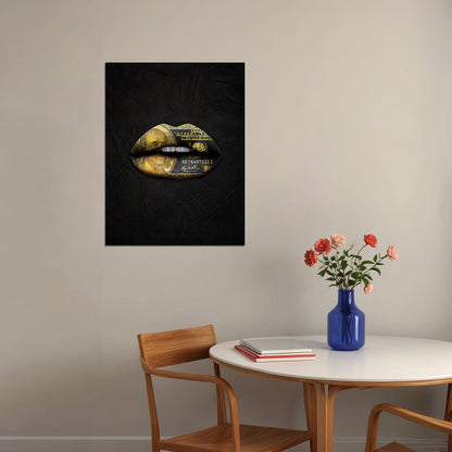 Gold Money Lips Art Poster Black and Gold Wall Decor Bold Artistic Design Modern Pop Art Style Wall Print