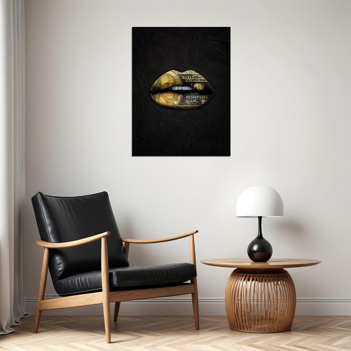 Gold Money Lips Art Poster Black and Gold Wall Decor Bold Artistic Design Modern Pop Art Style Wall Print