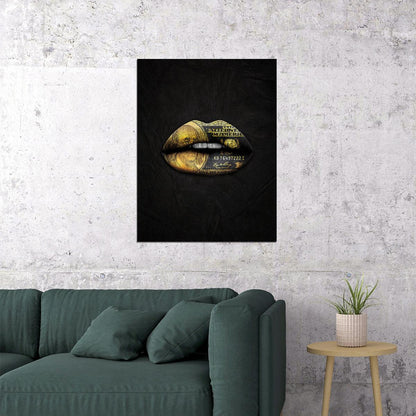 Gold Money Lips Art Poster Black and Gold Wall Decor Bold Artistic Design Modern Pop Art Style Wall Print