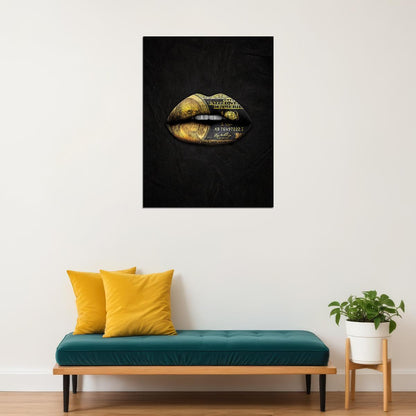 Gold Money Lips Art Poster Black and Gold Wall Decor Bold Artistic Design Modern Pop Art Style Wall Print