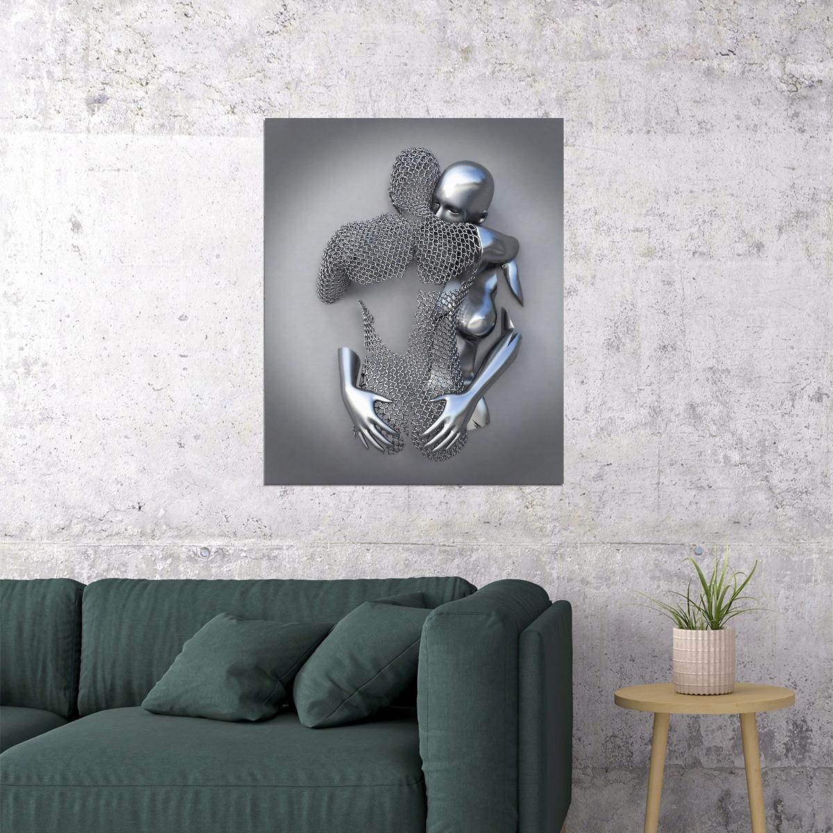 Silver and Gold Abstract Embrace Art Poster Contemporary Wall Decor Romantic Artistic Modern Style Bold Wall Print