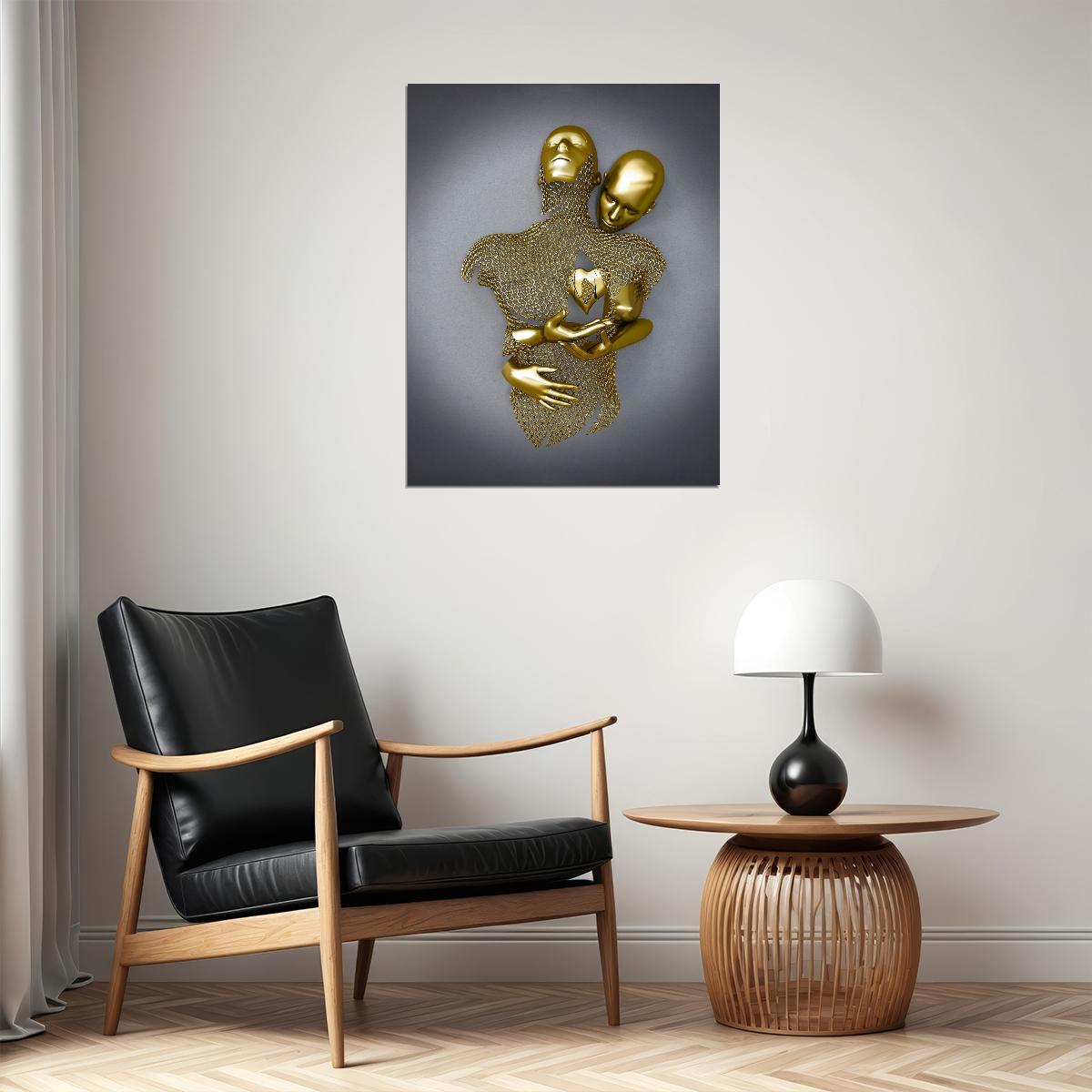 Golden Abstract Hug Art Poster Romantic Modern Wall Decor Bold Unique Artistic Sculpture Style Wall Print