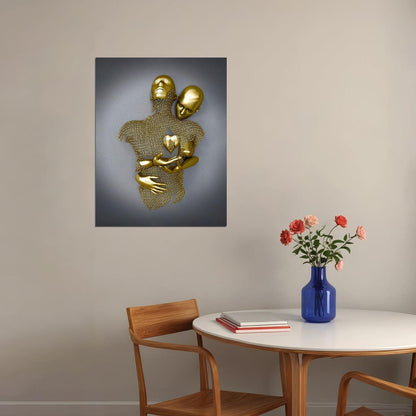 Golden Abstract Hug Art Poster Romantic Modern Wall Decor Bold Unique Artistic Sculpture Style Wall Print