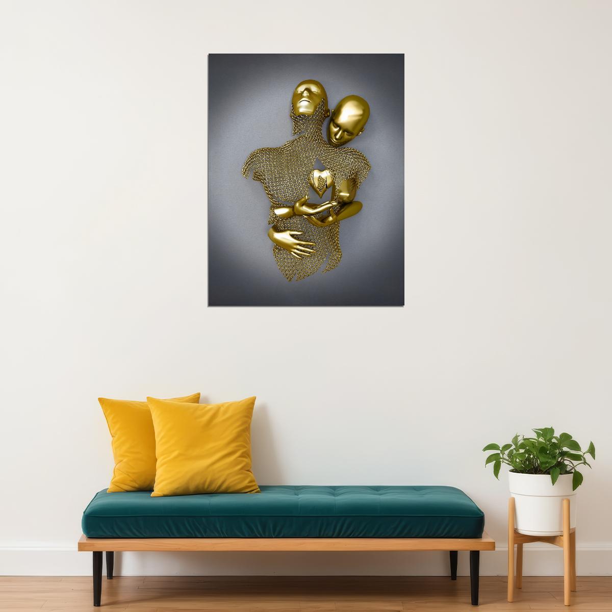 Golden Abstract Hug Art Poster Romantic Modern Wall Decor Bold Unique Artistic Sculpture Style Wall Print