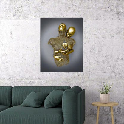 Golden Abstract Hug Art Poster Romantic Modern Wall Decor Bold Unique Artistic Sculpture Style Wall Print