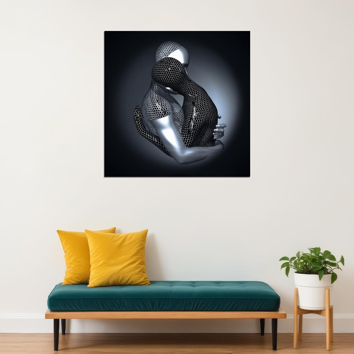 Silver Embrace Art Poster Contemporary Abstract Wall Decor Romantic and Modern Artistic Sculpture Style Wall Print