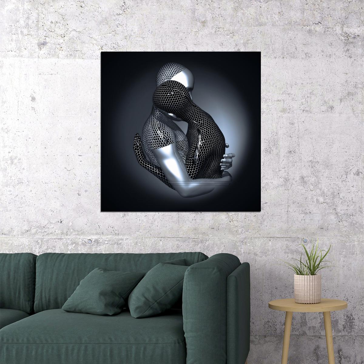 Silver Embrace Art Poster Contemporary Abstract Wall Decor Romantic and Modern Artistic Sculpture Style Wall Print