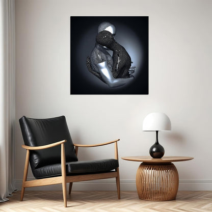 Silver Embrace Art Poster Contemporary Abstract Wall Decor Romantic and Modern Artistic Sculpture Style Wall Print