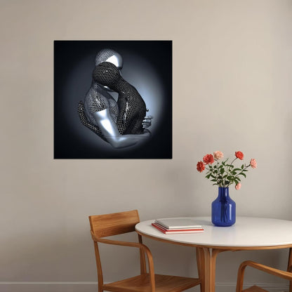 Silver Embrace Art Poster Contemporary Abstract Wall Decor Romantic and Modern Artistic Sculpture Style Wall Print