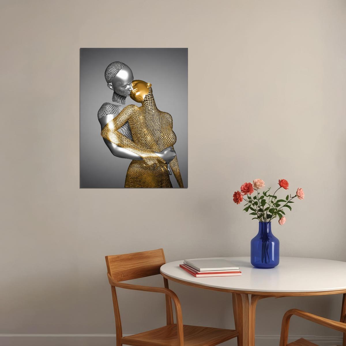 Abstract Golden Embrace Art Poster Romantic Modern Sculpture Wall Decor Unique Artistic Bold Wall Print