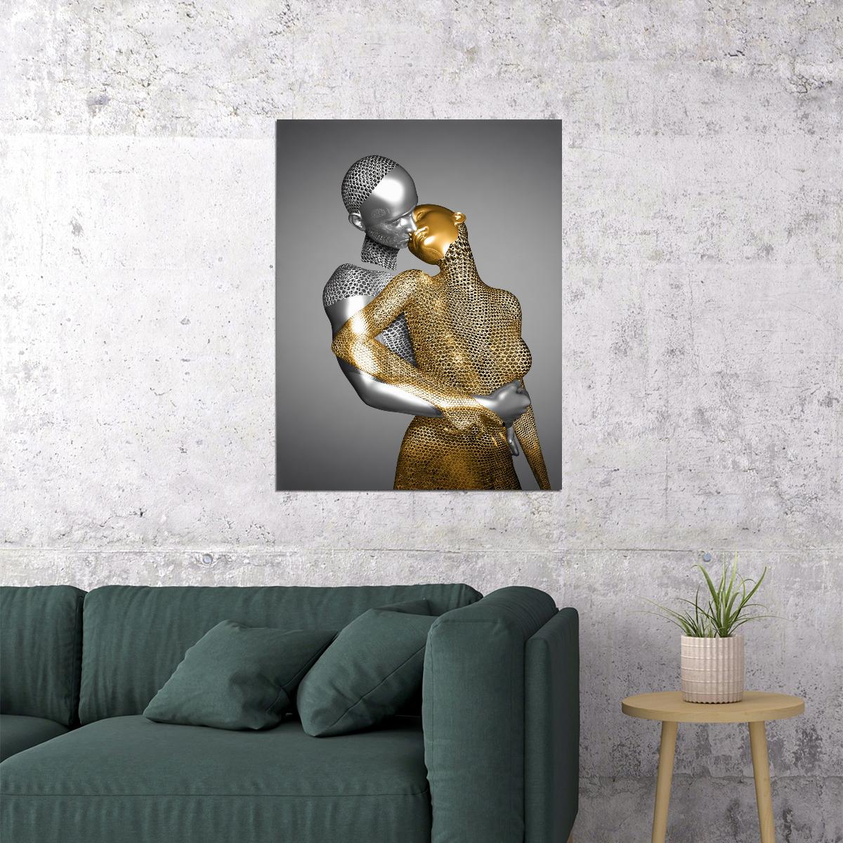 Abstract Golden Embrace Art Poster Romantic Modern Sculpture Wall Decor Unique Artistic Bold Wall Print