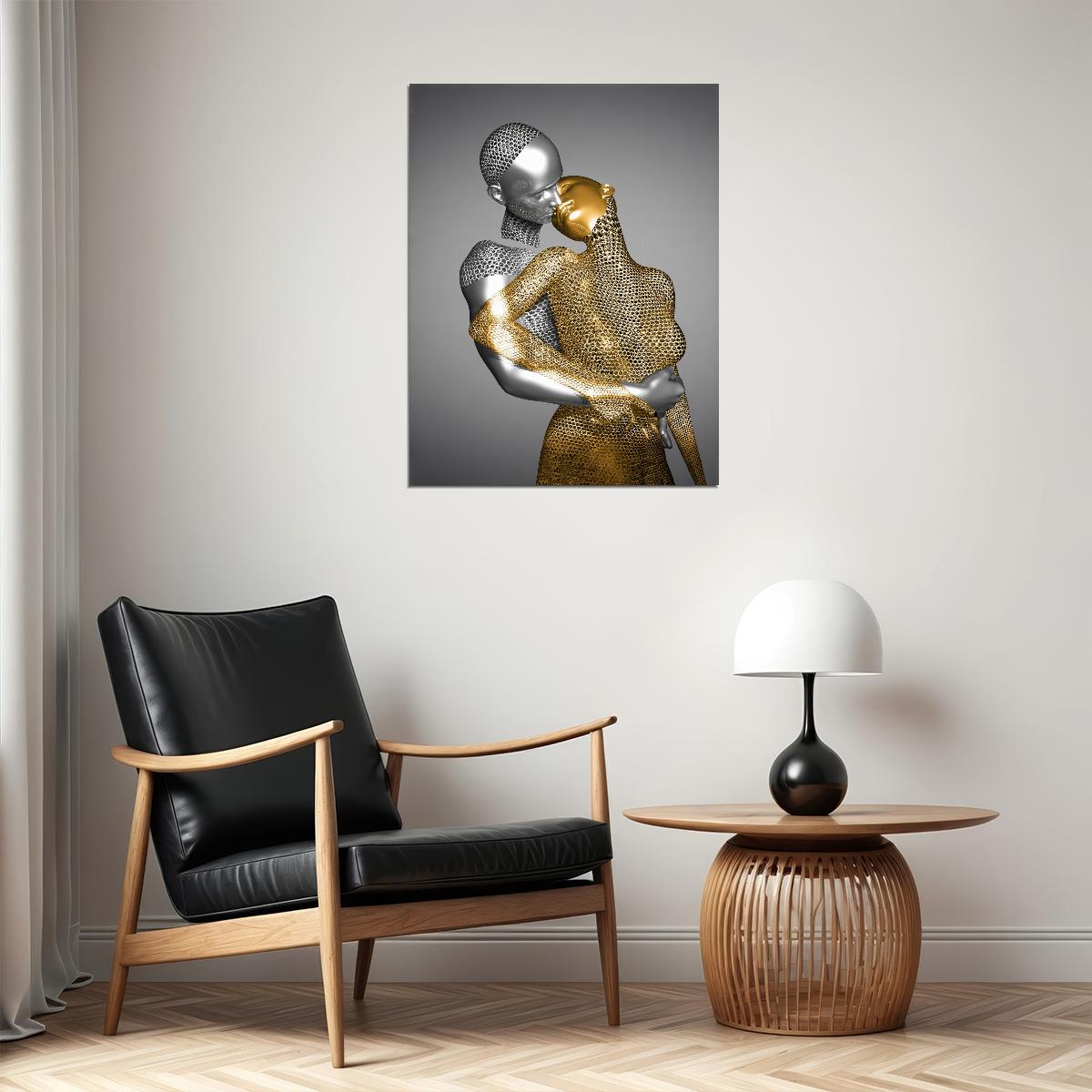 Abstract Golden Embrace Art Poster Romantic Modern Sculpture Wall Decor Unique Artistic Bold Wall Print