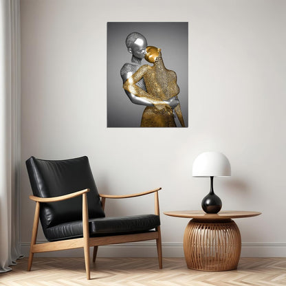 Abstract Golden Embrace Art Poster Romantic Modern Sculpture Wall Decor Unique Artistic Bold Wall Print