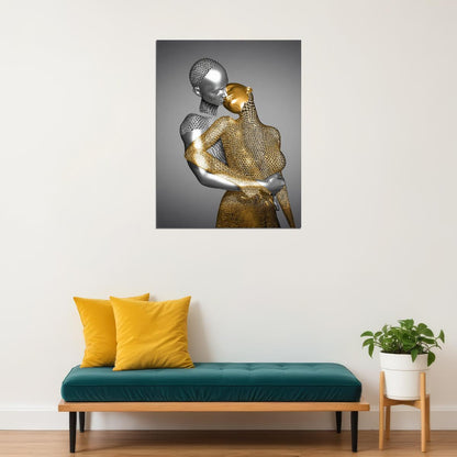 Abstract Golden Embrace Art Poster Romantic Modern Sculpture Wall Decor Unique Artistic Bold Wall Print