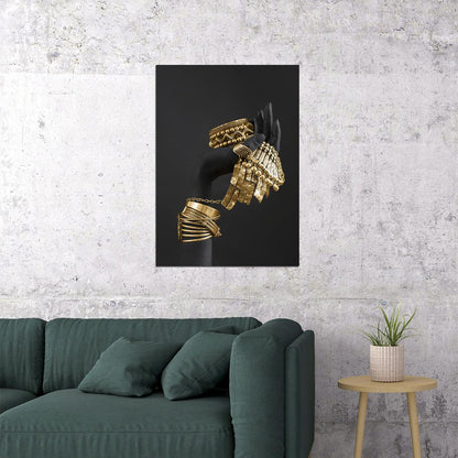 Black Hand with Gold Jewelry Art Poster Luxury Artistic Wall Decor Modern Bold Unique Sculpture Style Wall Print