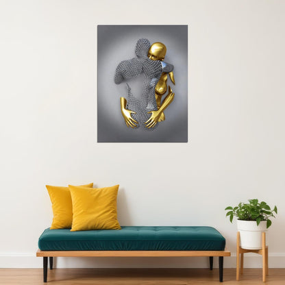 Abstract Gold and Silver Embrace Art Poster Romantic Wall Decor Modern Artistic Bold Sculpture Style Wall Print