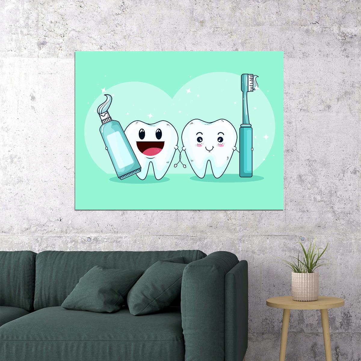 Happy Teeth Art Poster Cute Dental Cartoon Wall Decor Fun and Educational Design Perfect for Dental Clinics and Kids Wall Print