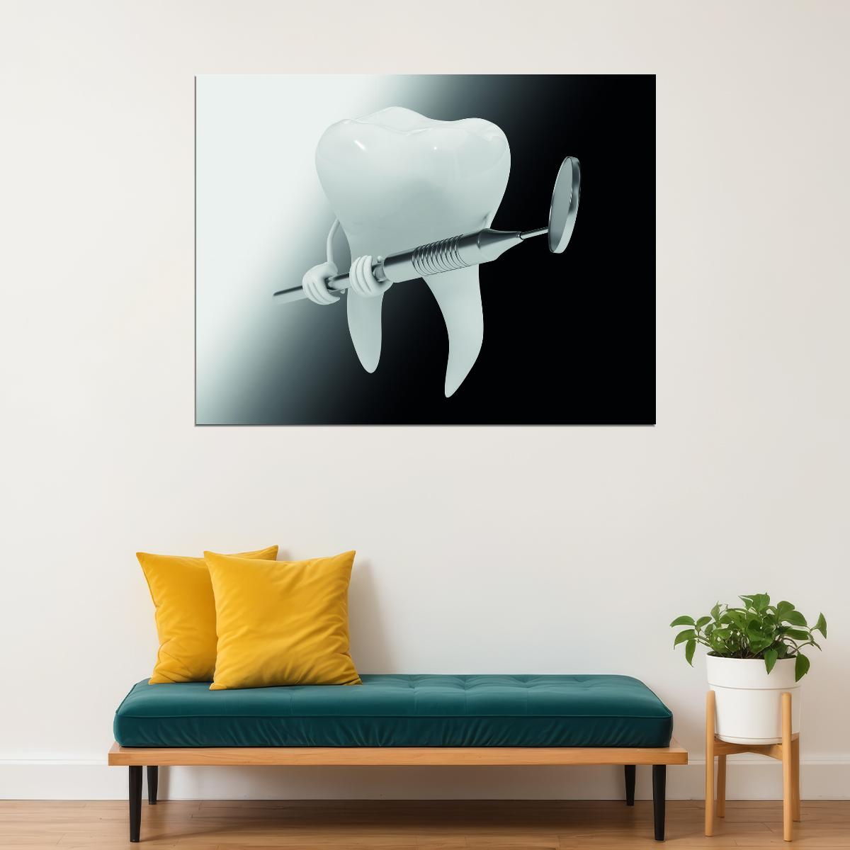 Tooth and Syringe Art Poster Modern Dental Wall Decor Bold Artistic Design Unique Medical Illustration Wall Print