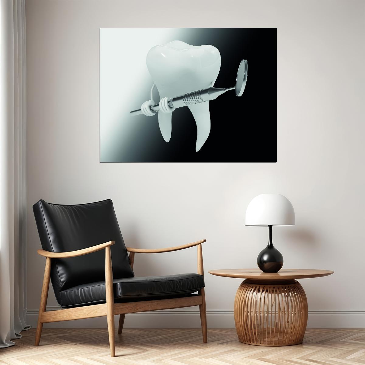 Tooth and Syringe Art Poster Modern Dental Wall Decor Bold Artistic Design Unique Medical Illustration Wall Print