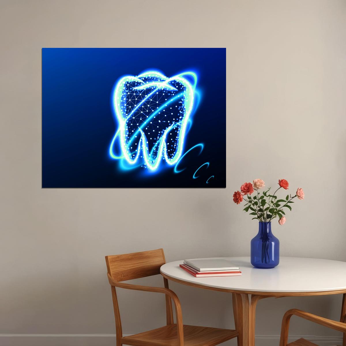 Neon Tooth Art Poster Bright and Modern Dental Wall Decor Futuristic Artistic Design Unique Medical Wall Print