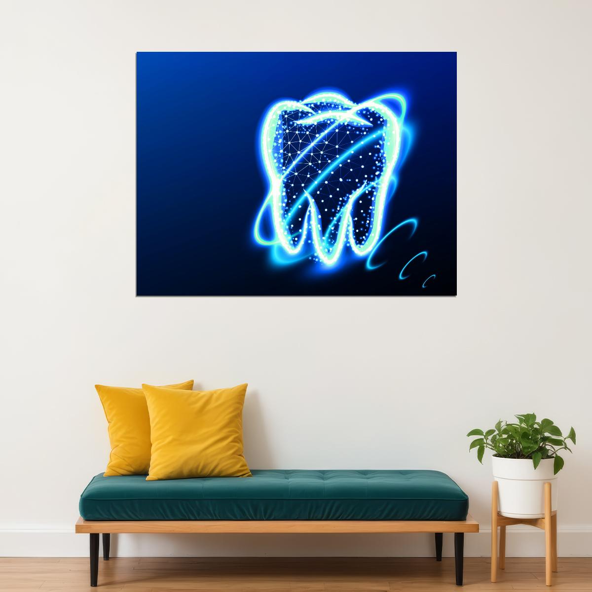 Neon Tooth Art Poster Bright and Modern Dental Wall Decor Futuristic Artistic Design Unique Medical Wall Print