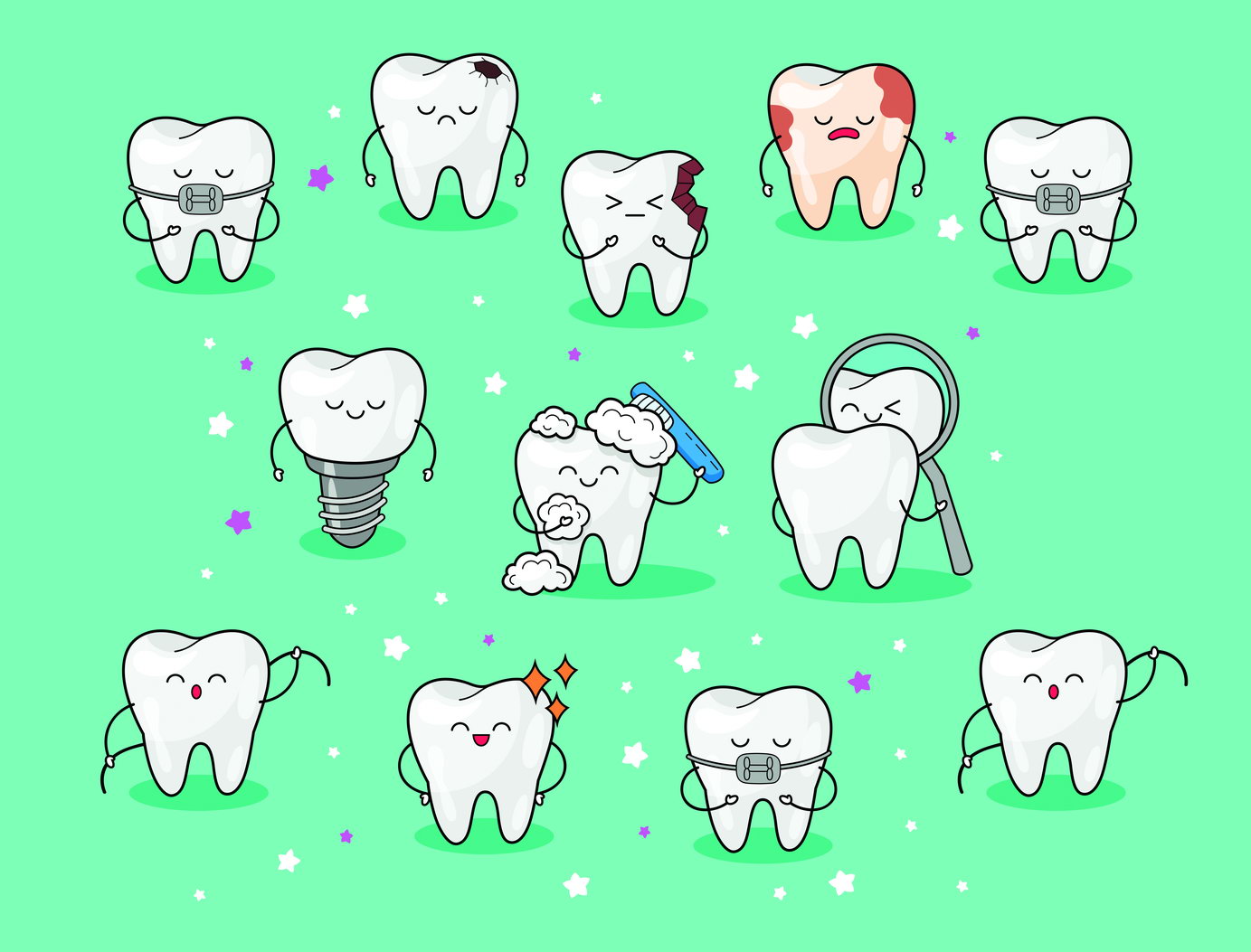 Cute Tooth Characters Art Poster Fun and Educational Wall Decor Cartoon Dental Design Perfect for Kids and Clinics Wall Print