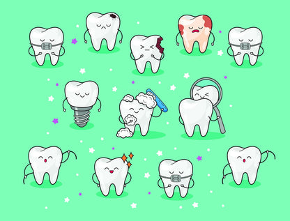 Cute Tooth Characters Art Poster Fun and Educational Wall Decor Cartoon Dental Design Perfect for Kids and Clinics Wall Print