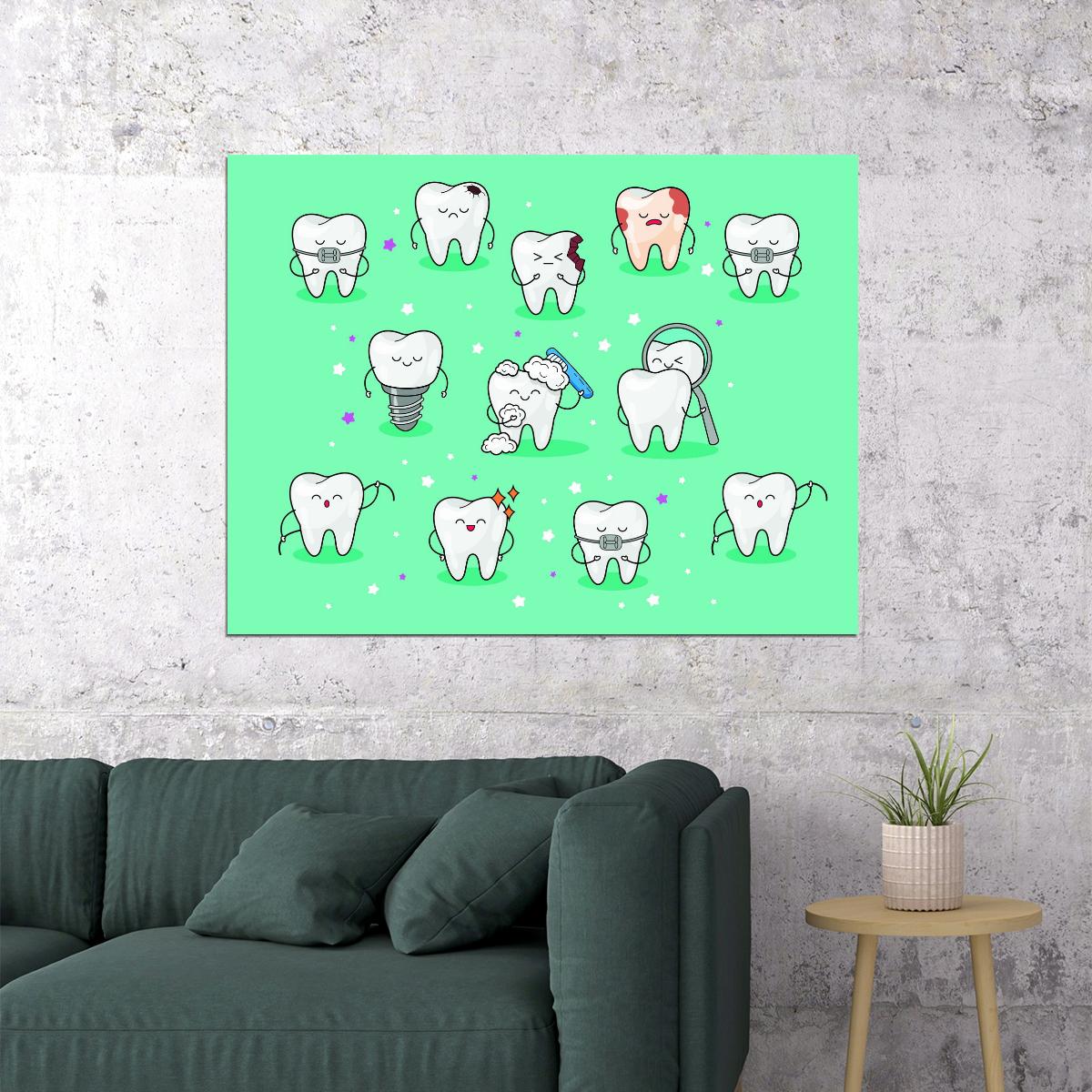 Cute Tooth Characters Art Poster Fun and Educational Wall Decor Cartoon Dental Design Perfect for Kids and Clinics Wall Print