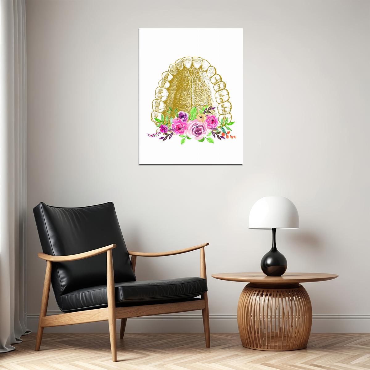 Gold Teeth and Roses Art Poster Elegant and Unique Wall Decor Artistic Design Perfect for Clinics or Home Wall Print